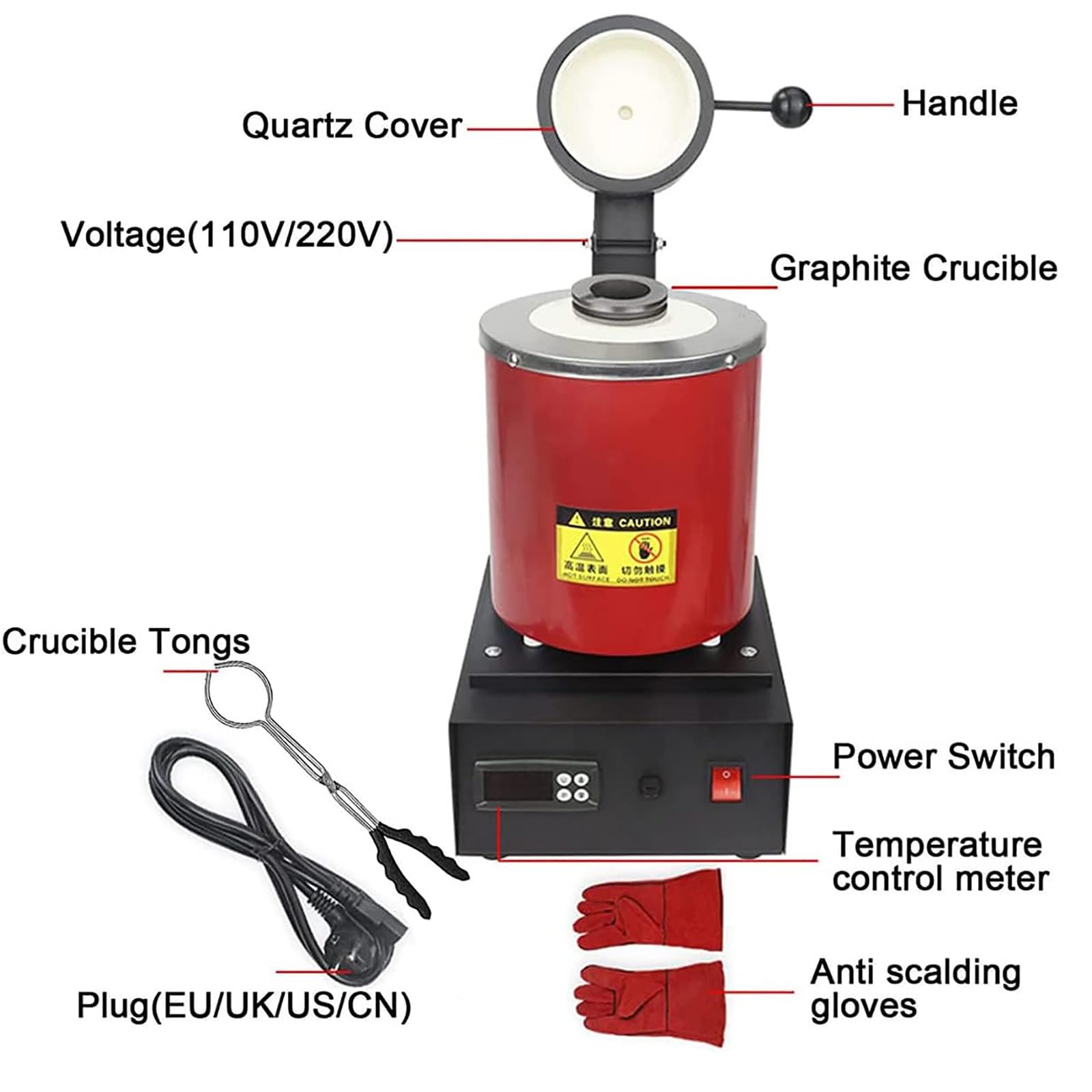 Elektryczny piec do topienia, cyfrowa maszyna do wytapiania złota z tyglem grafitowym, regulacja temperatury PID, maksymalna temperatura 1150℃ do topienia złota, srebra, miedzi