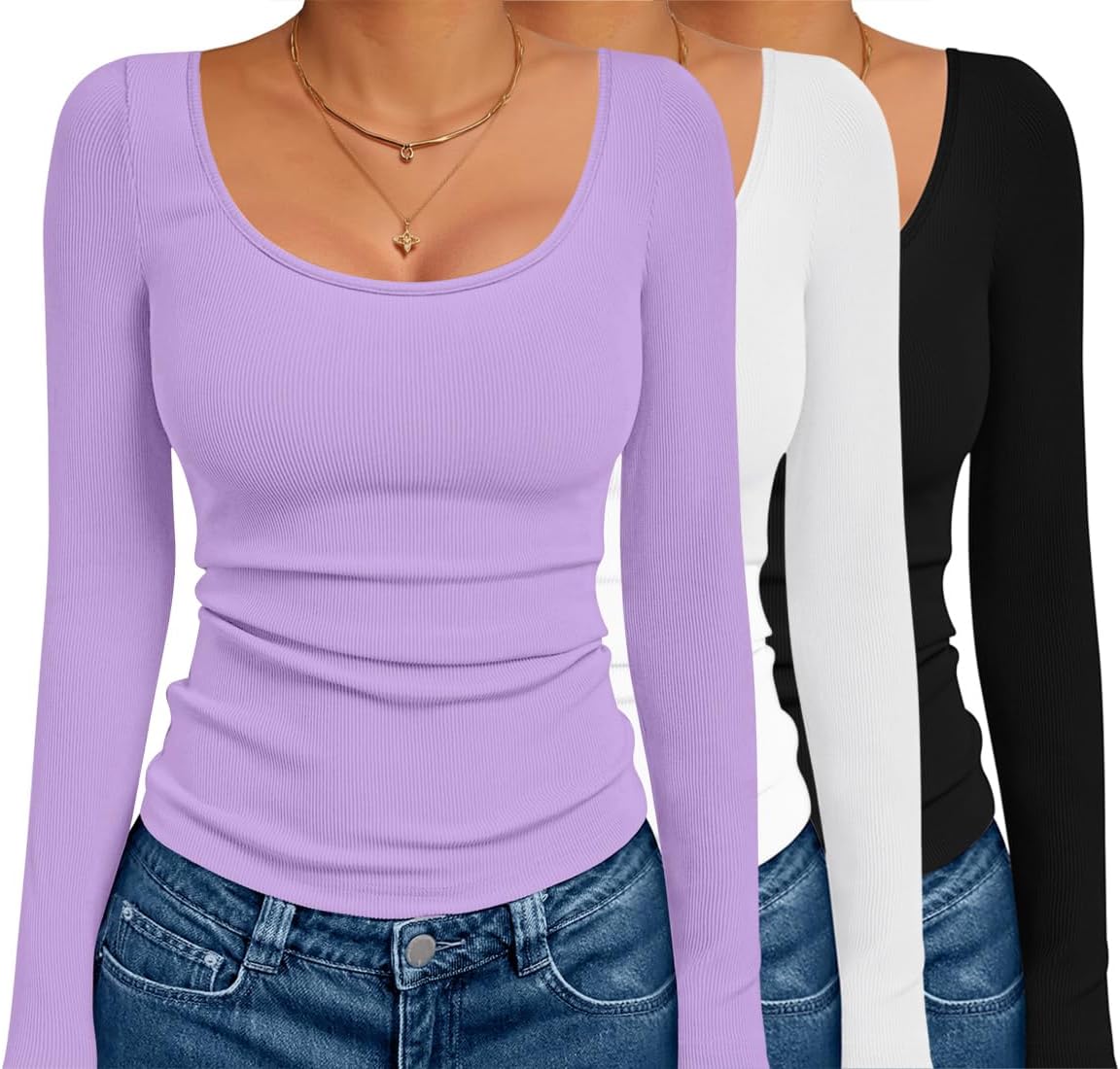 Ekouaer 3 Pack Long Sleeve Shirts for Women Scoop Neck Ribbed Thermal Tops Slim Fit Basic Undershirts XS-XXL