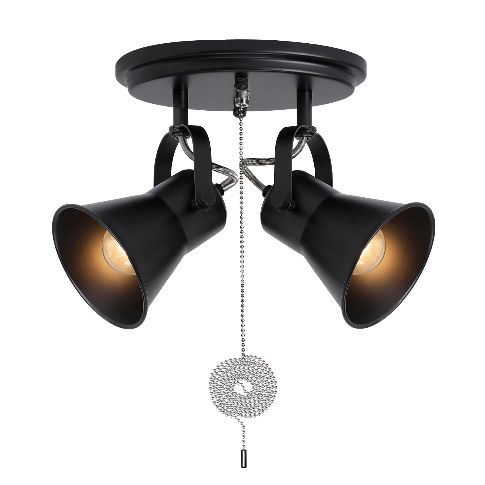 2-Light Black Track Lighting with Pull Chain, Industrial Adjustable Pull Chain Light Fixture Round Ceiling Light, Modern Flush Mount for Kitchen, Hallway, Dining Room