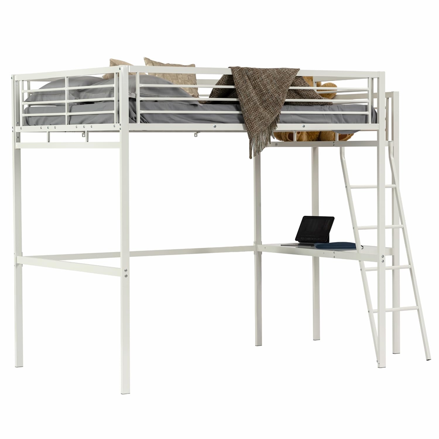 MEUBLE Cosy Literas Juveniles Cama Alta Estructura de Metal Doble 140 x 190 cm con Escalera y Escritorio para niños, Adolescentes y Adultos, Estilo Industrial, Blanco