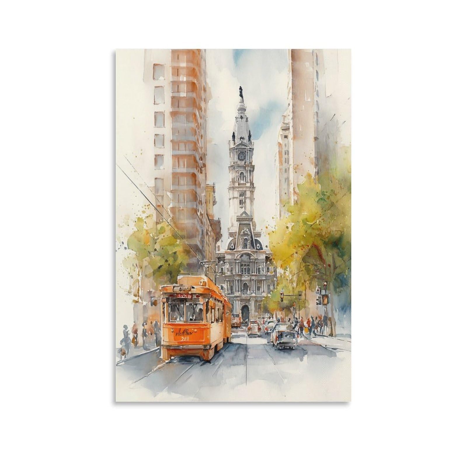 XWYMXZ Philadelphia Watercolor City Hall 20x30inch(50x75cm) Vintage Travel Poster Watercolor Canvas Art