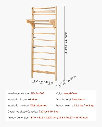 Miniatura 7 de VEVOR Escalera sueca de pared, gimnasio de madera maciza de 10 niveles para interiores, carga de 220 libras, escalera de escalada para niños y