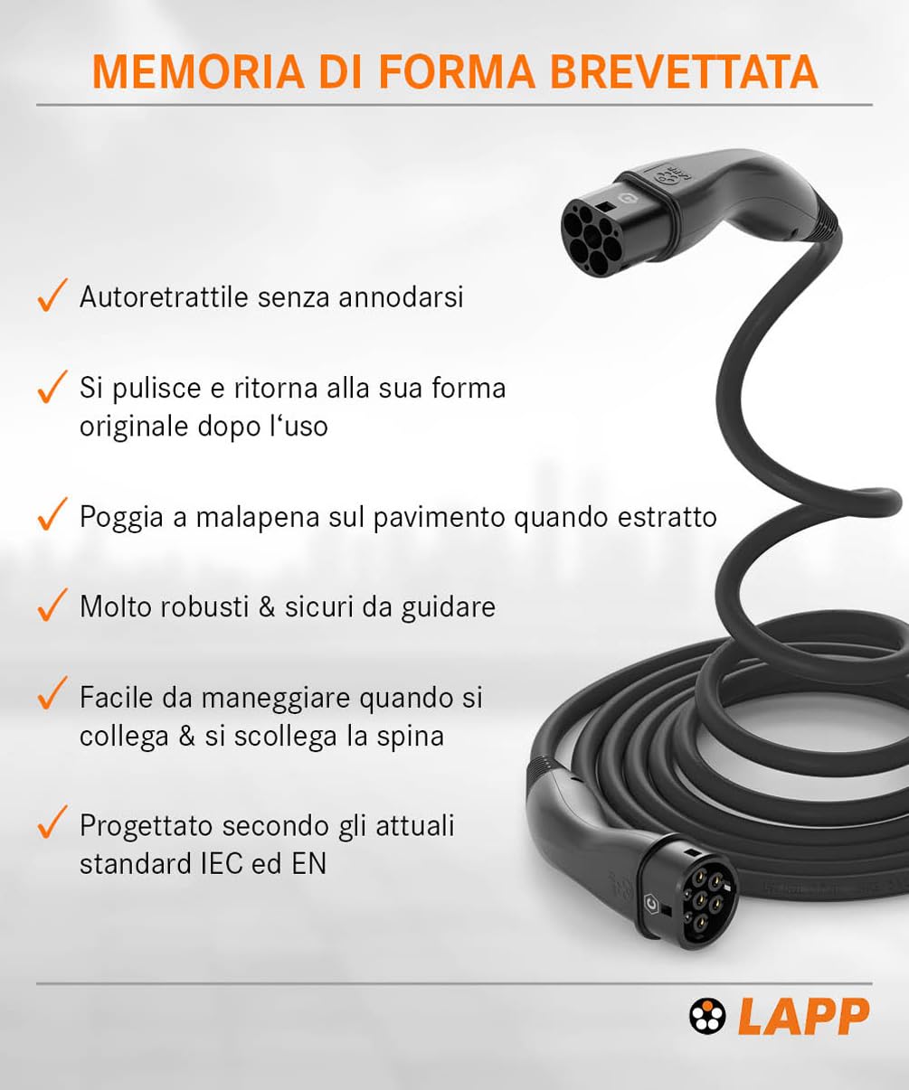 Lapp Mobility Helix - Cavo di Ricarica Tipo 2, 22 KW/autoavvolgente, 32 A, 3 Fasi, per Auto elettrica, modalità 3/5 m