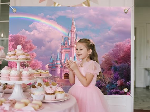 7x5ft Princess Castle Backdrop - Princess Backdrop for Girls Birthday, Rainbow Birthday Background, Royal Party Photo Booth Props