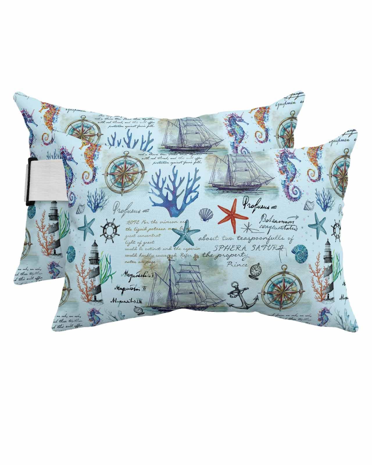 Anzona Pack of 4 Coastal Nautical Lumbar Pillow Covers, Outdoor Waterproof Throw Pillow Covers Set, Blue Summer Beach Anchor Ocean Coral Decorative Cushion Case for Patio Beach, 11x16 Inch