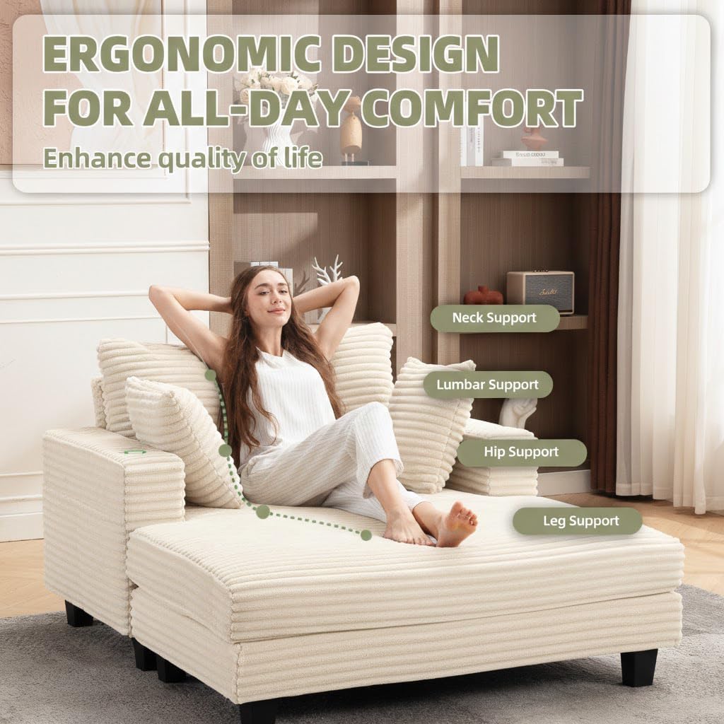 60'' Oversized Chaise Lounge Chair Indoor, Corduroy Upholstered Lounge Sofa with Wood Frame, Comfy Lounge Chaise with Pillows and Cup Holder, Deep Seat Lounge Chair for Living Room Bedroom