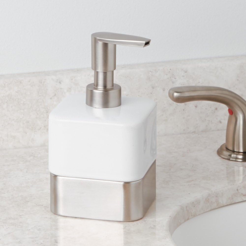 iDesign Gia Ceramic Short Refillable Soap Dispenser - 3.25" x 3.25" x 6.25", White/Brushed