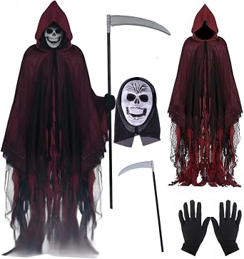 Grim Ghost Reaper Cloak Costume 4Pcs with Skull Mask Gloves Sickle Spooky Evil Cosplay Outfit Halloween Props