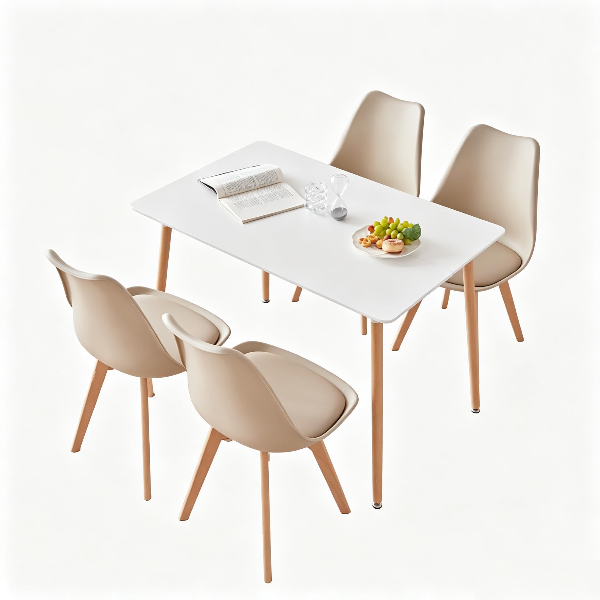 GrandCA HOME Table à Manger Rectangulaire avec 4 Chaises Rembourrées Ensemble de Salle à Manger, pour la Maison, Le Bureau, la Cuisine, Beige