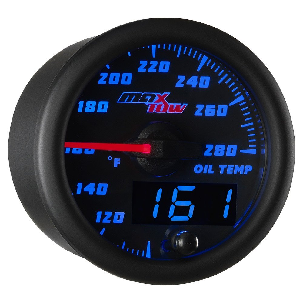 MaxTow Double Vision 280 F Oil Temperature Gauge Kit - Includes Electronic Sensor - Black Gauge Face - Blue LED Illuminated Dial - Analog & Digital