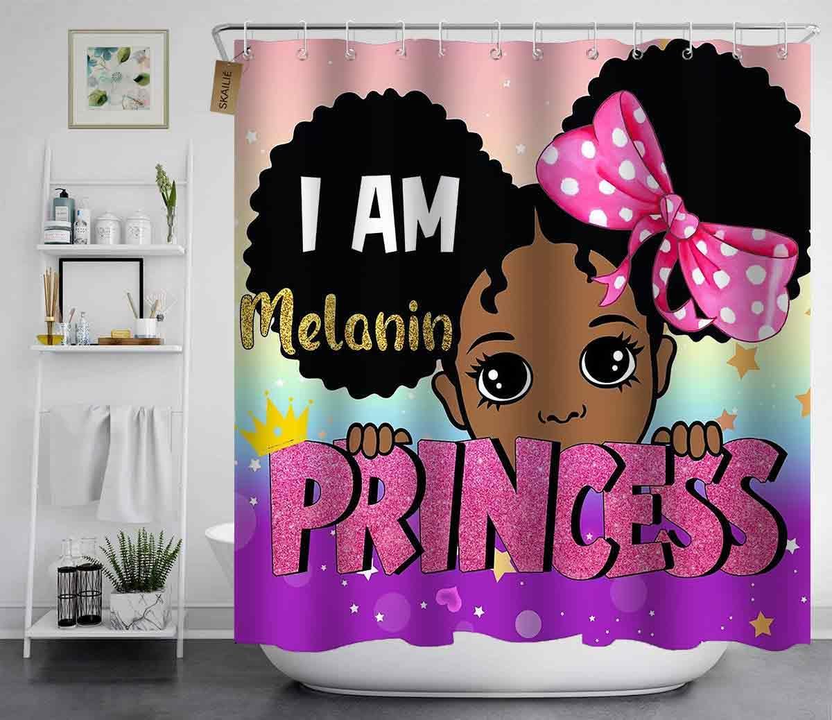 4PCS Black Girl Shower Curtain Set, Cute African American Girl Afro Melanin Princess Black Girl Magic Bathroom Decor for Girls Kids Teens, Waterproof Fabrin Shower Curtain, Non-Slip Bath Mats