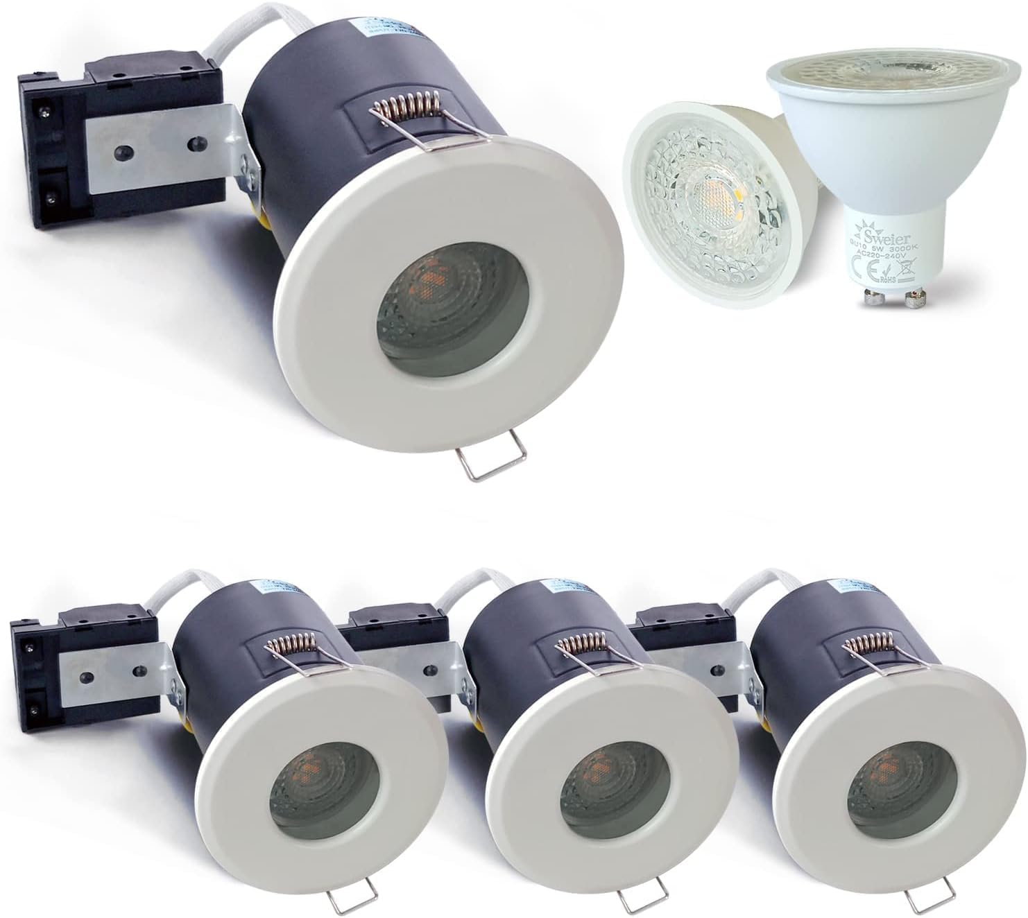 4XSweier Downlights GU10 blancs ignifugés, IP65 étanche 5W Spot blanc chaud 3000k,90 minutes Plafonniers encastrés à LED résistants au feu, Downlights GU10 230V, Découpe 70mm