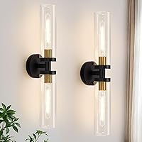 22" Black Gold Bathroom Wall Sconces Set of 2, Hardwired Modern Clear Glass Vanity Lights for Mirror, Living Room, Bedroom, Hallway