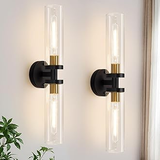 Indoi Wall Sconces Set of Two, 22" Black and Gold Bathroom Sconces with Clear Glass, Hardwired Modern Sconces Wall Decor Set of 2 Wall Light fixtures for Bathroom Mirror Living Room Hallway Bedroom