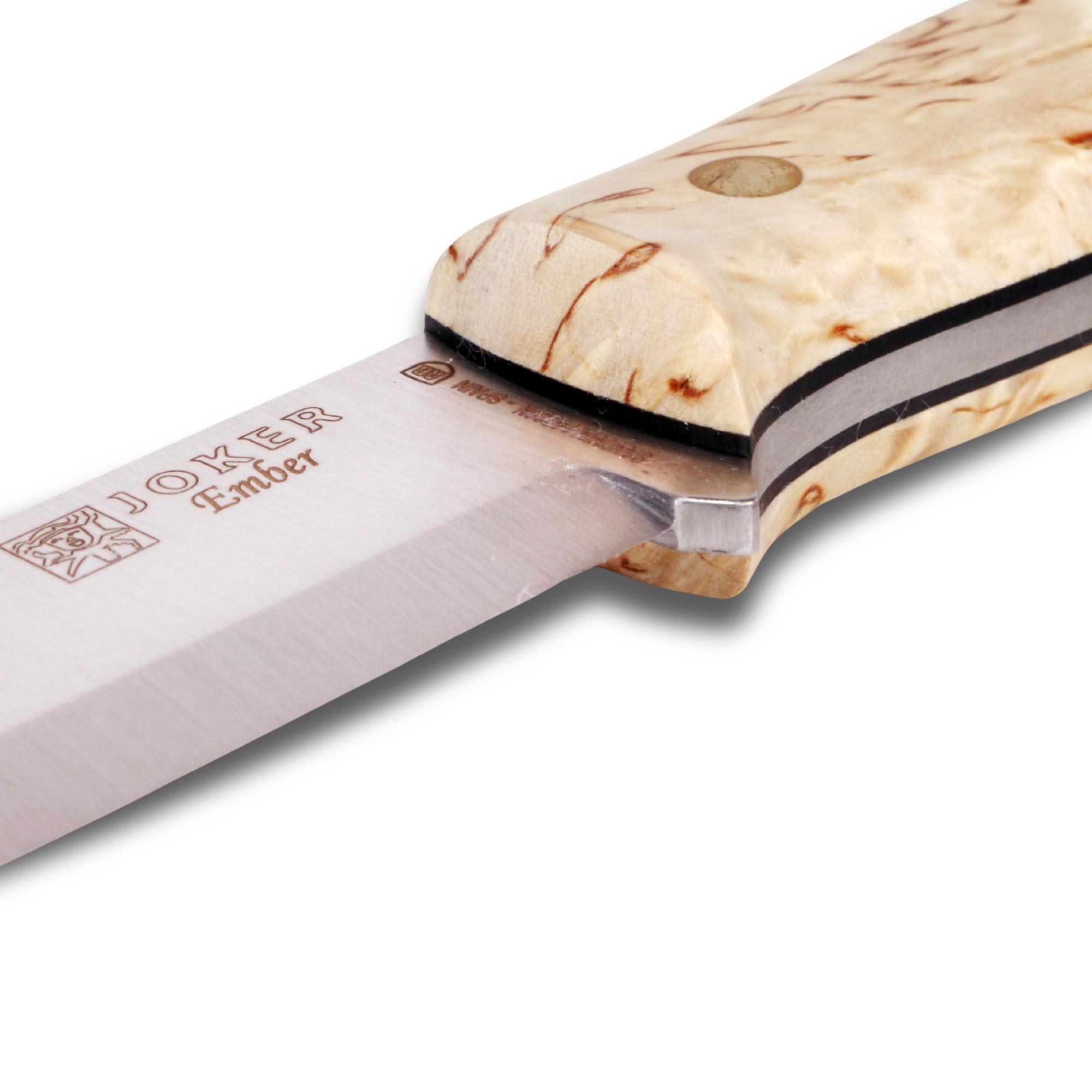 joker Coltello da caccia Ember Scandi CL122, lama da 10,5 cm in acciaio Sandvik 14C24N, mango betulla riccia, fodero in pelle, per la pesca, la caccia, il campeggio e l'escursionismo