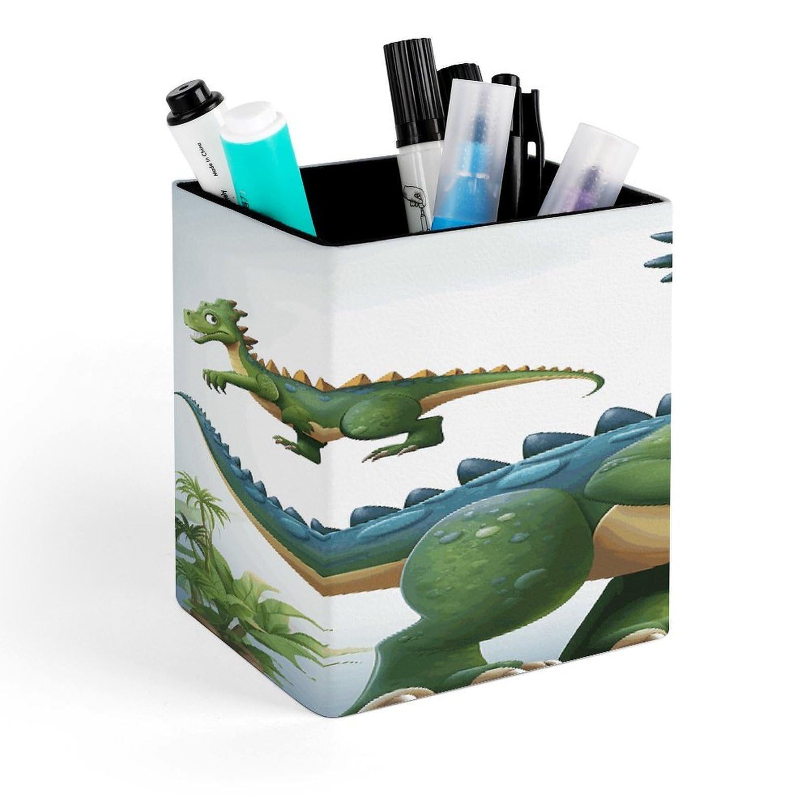 FekiLoot Cartoon Dinosaur Images Pencil Holder for Desk Square Leather Pen Holder Cup Desktop Organizer Multi-Functional Pencil Cup Holders Modern Decorative Desk Organizer Caddy Makeup Brush Holders