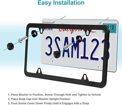 Miniatura 5 de Marcos de matrícula negros, 2 soportes para placa de matrícula de 4 agujeros, marco de matrícula de acero inoxidable, cubiertas de matrícula de