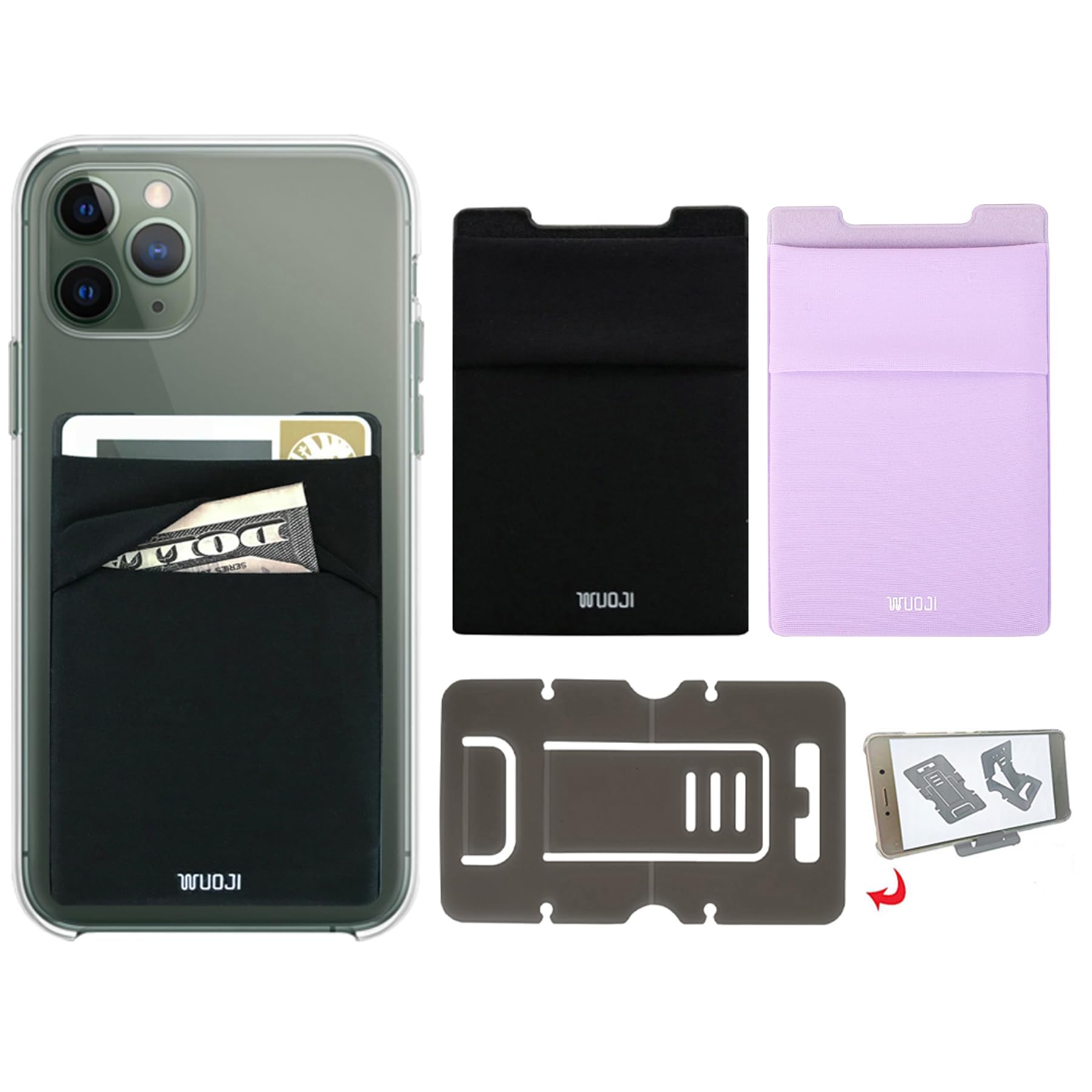 Adhesive Phone Pocket,Cell Phone Stick On Card Wallet Sleeve,Credit Cards/ID Card Holder(Double Secure) with Sticker for Back of iPhone,Android and All Smartphones(Black Purple)-2PC