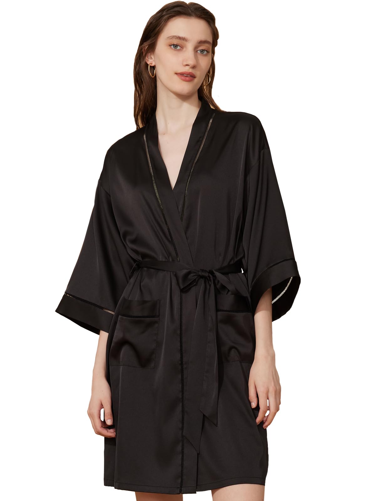 Ulivary Women's Silk Satin Hollow Out Detail Short Robe with Pockets Bridesmaid Bride Party Sleepwer