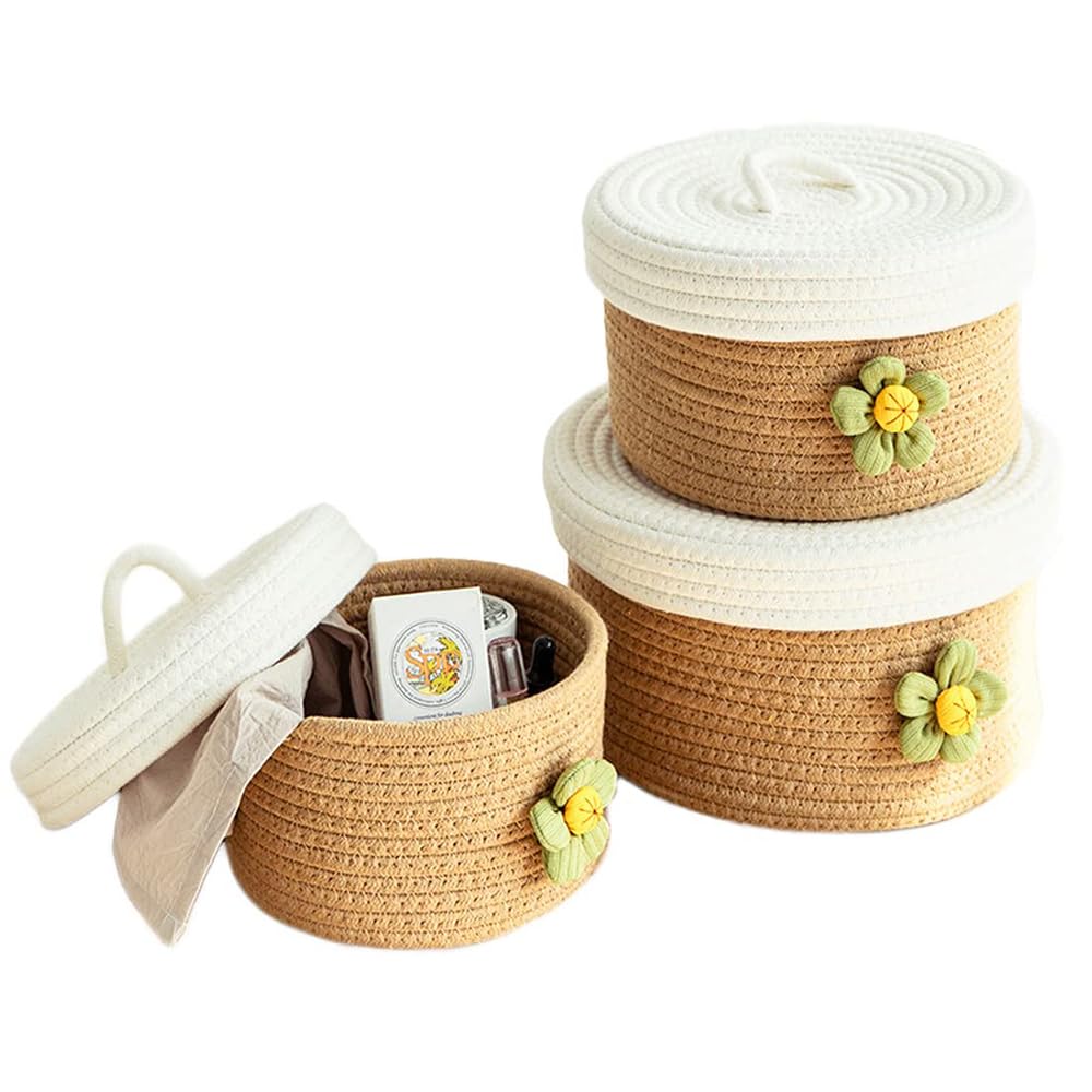 Paniers de rangement tressés haut de gamme à couvercle rond style bohème
