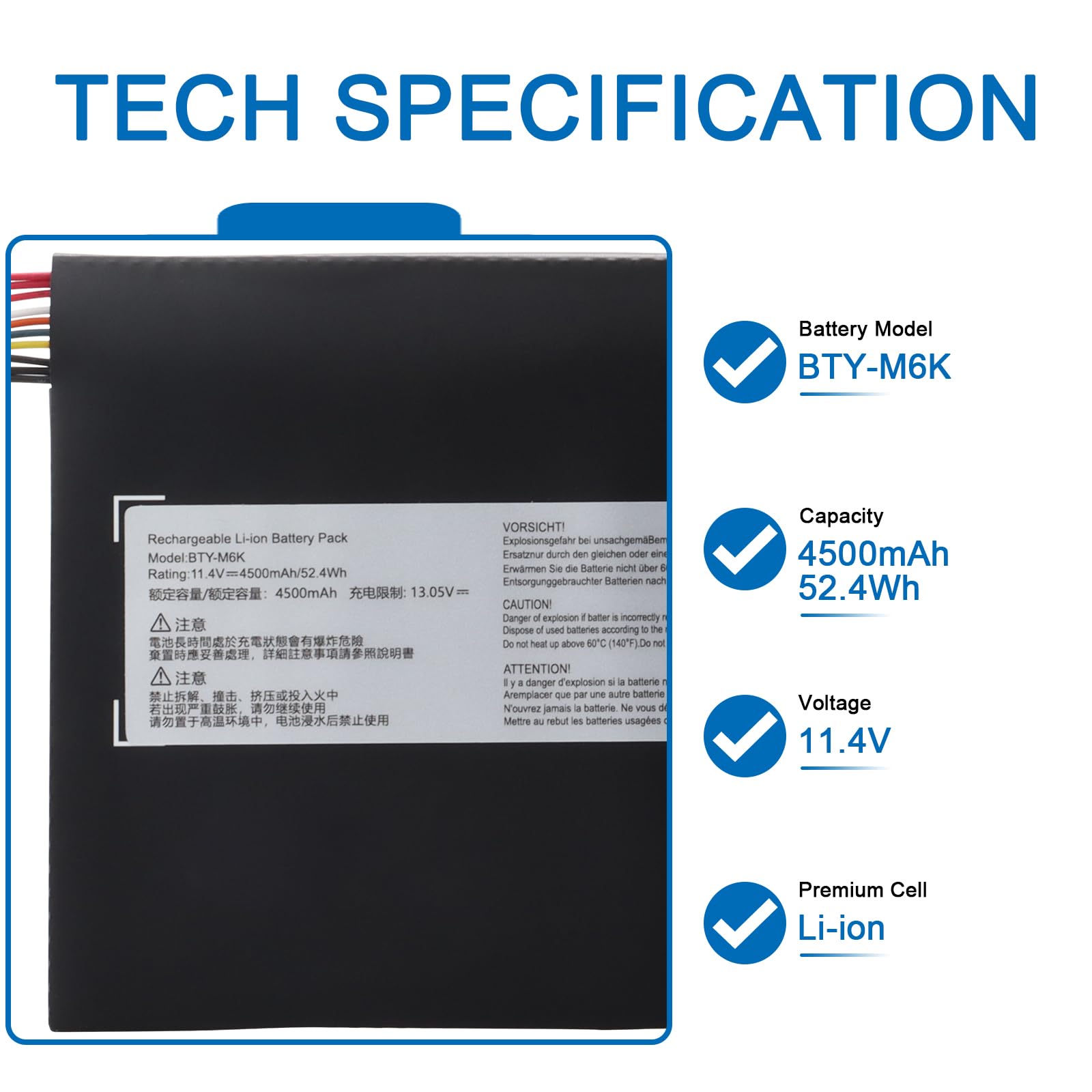 BTY-M6K Laptop Batterie pour MSI Stealth Pro GF63 GF65 GF75 GS63VR GS73VR 7RG 7RG-005 Thin 8RB 8RC 8RD 8RD-031TH 8RC 8RF 8SC 8RX 9SC 9SCXR Thin WS63 8SK WP65 WF65 WF75 MS-17B4 MS-16W1 MS-16R1 MS-16K3