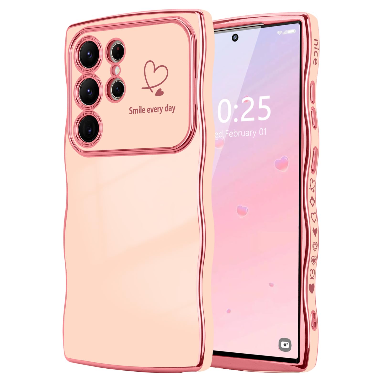 LCHULLE for Samsung Galaxy S23 Ultra Case for Women Girls, Cute Wave Frame Curly Shape with Love Heart Raised Camera Protection Cover Luxury Plating