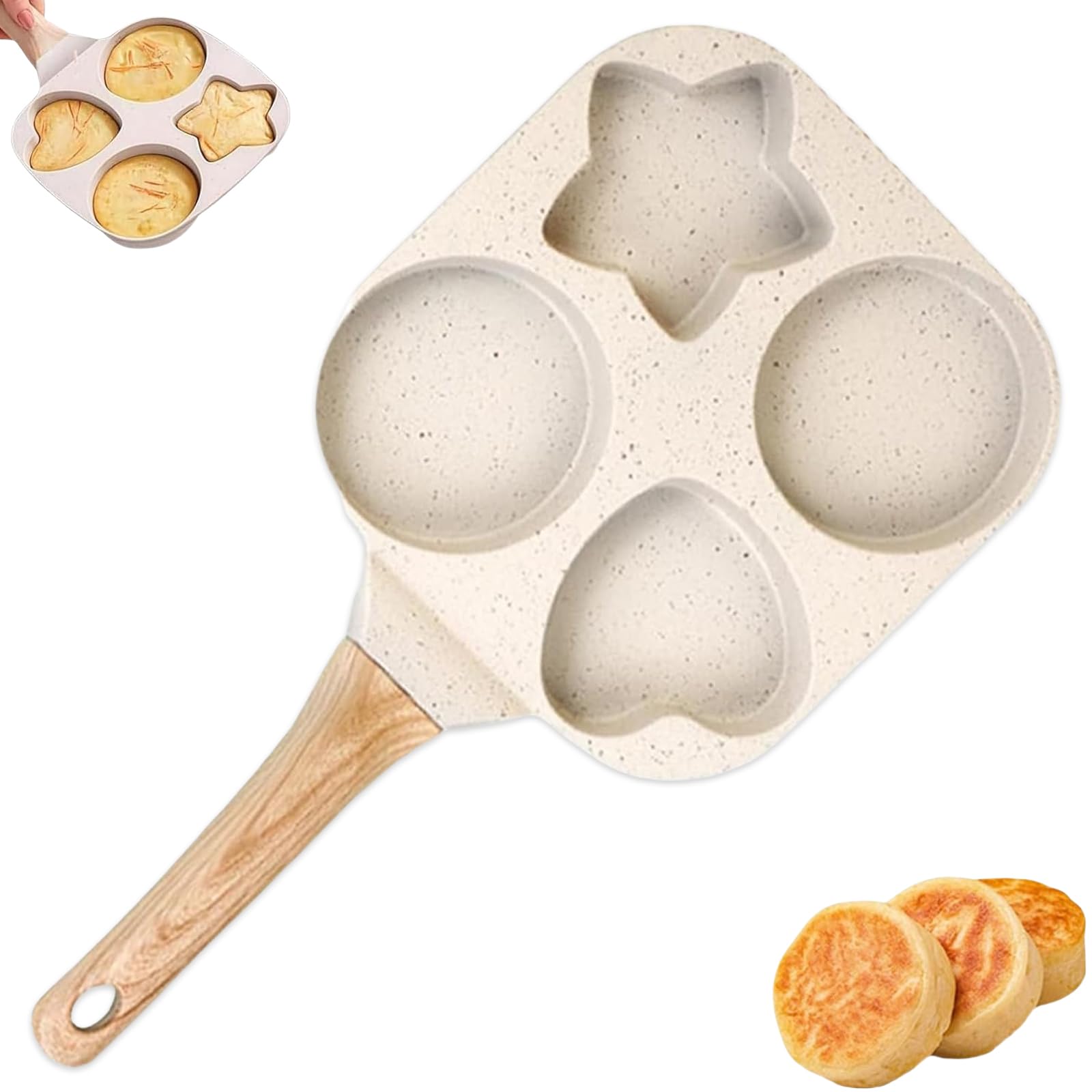 Padella antiaderente per uova a 4 fori, padella antiaderente stella e cuore, padella per frittata per pancake, hamburger, pancetta, gas, cottura a induzione (bianco)