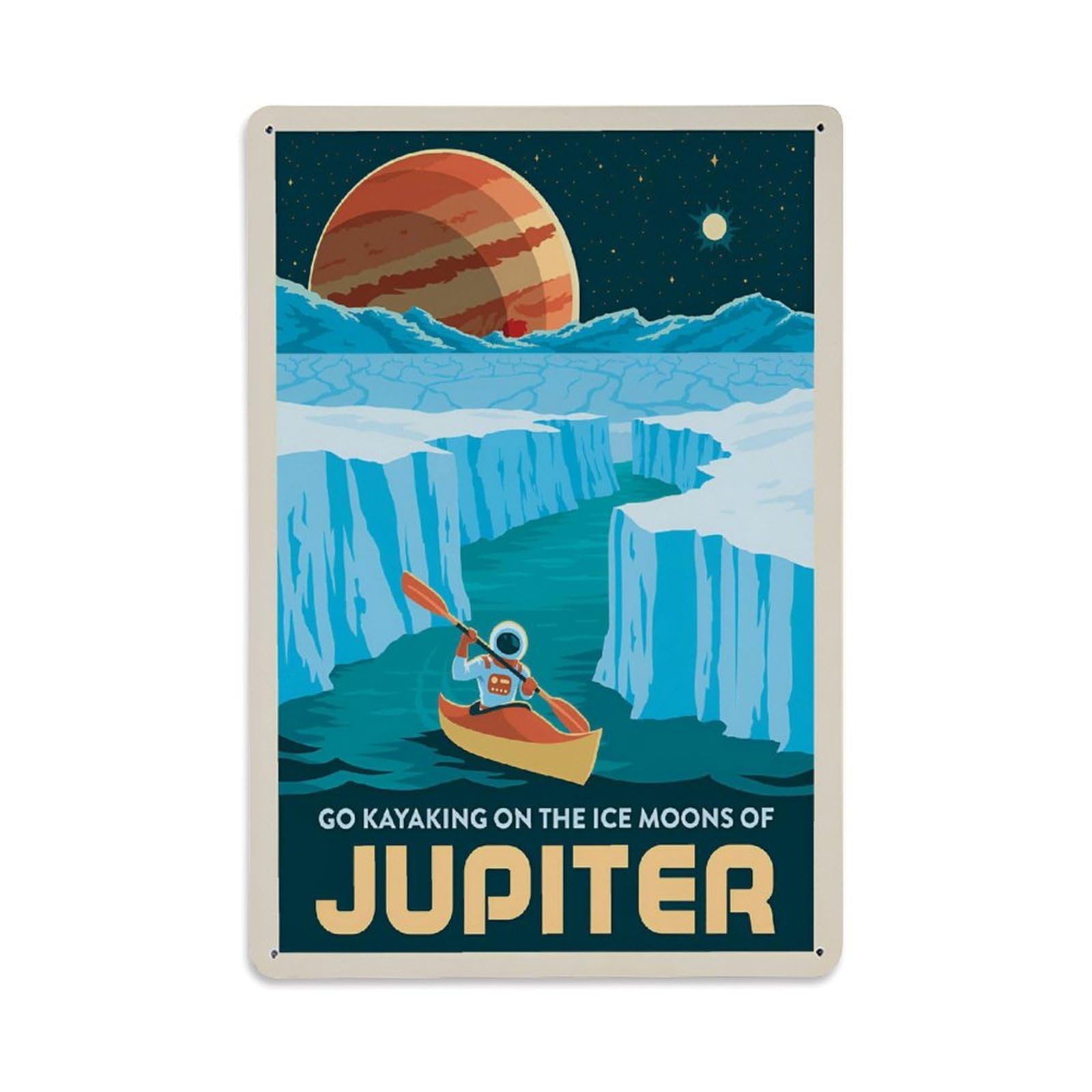 Vintage Space Poster Jupiter Kayaking On The Moons Of Jupiter Metal Tin Sign Wall Decor for Cafe, Club, Garden Metal Poster 8x12Inch