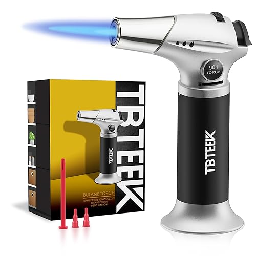 TBTeek Blow Torch, Fit All Tanks Kitchen Blow Torch with Safety Lock & Adjustable Flame for Cooking, BBQ, Baking, Brulee, Creme, DIY Soldering(Butane Not Included) - Silvery-black