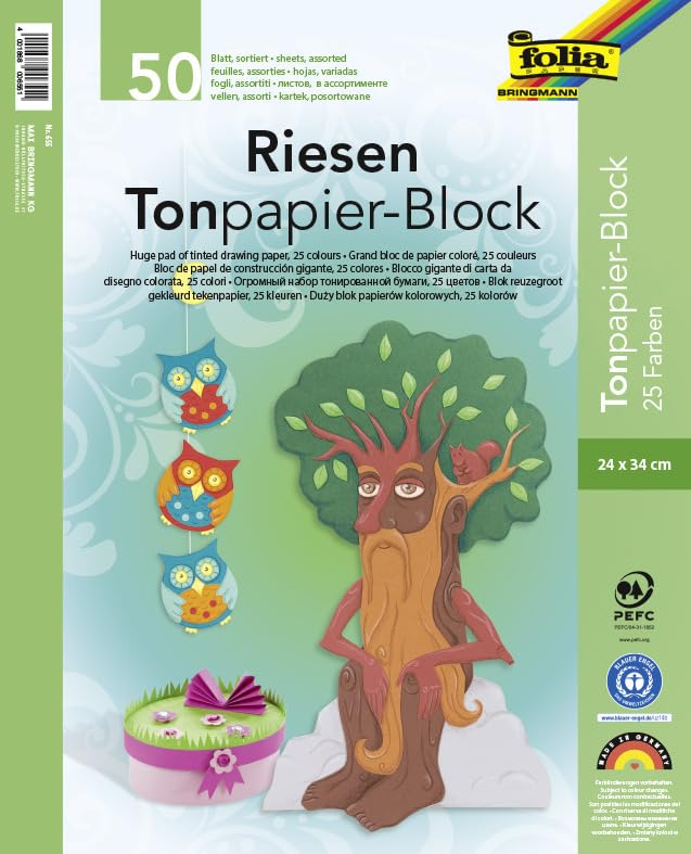 folia 655 - Tonpapierblock, ca. 24 x 34 cm, 50 Blatt, farbig sortiert - die ideale Grundlage für vielfältige Bastelideen