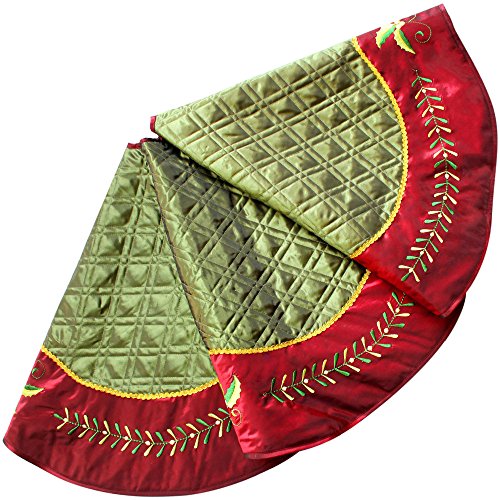 XSem Quilted Faux Silk Christmas Tree Skirt Holly Leaves Embroidery Border 50 Inch