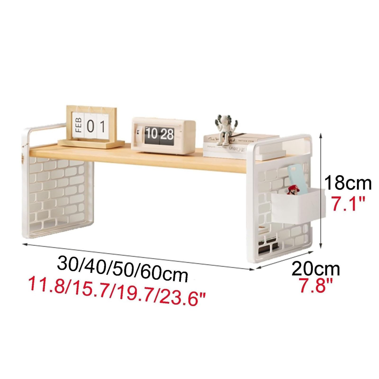 Libreria Da Scrivania In Ferro E Legno - Singola Con Cestino Appeso, Mensola Espositiva Multiuso Banco, Scaffale Portaoggetti Per Piccoli Spazi(White,40x20x18 cm)