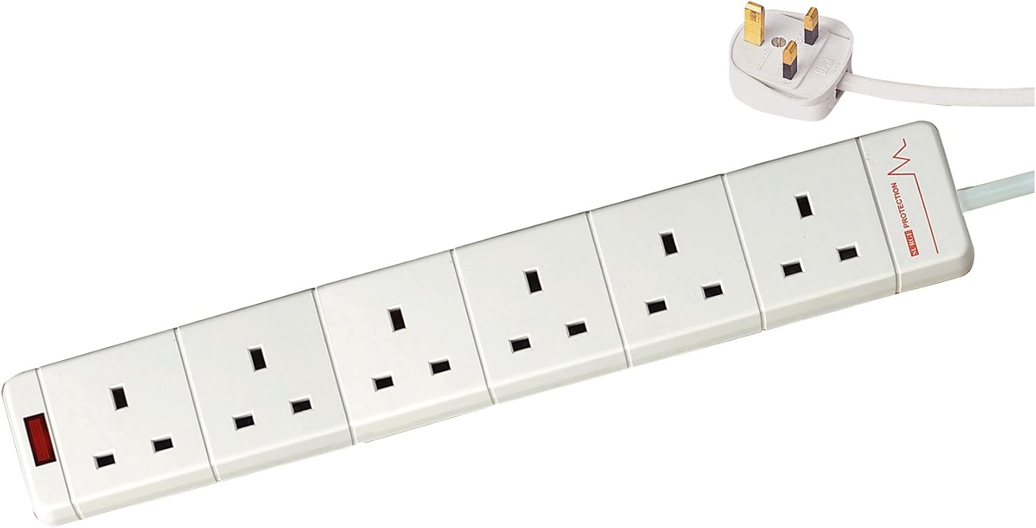 6GANG Surge Protected Extension Socket with Neon and Lead, Amazon.co