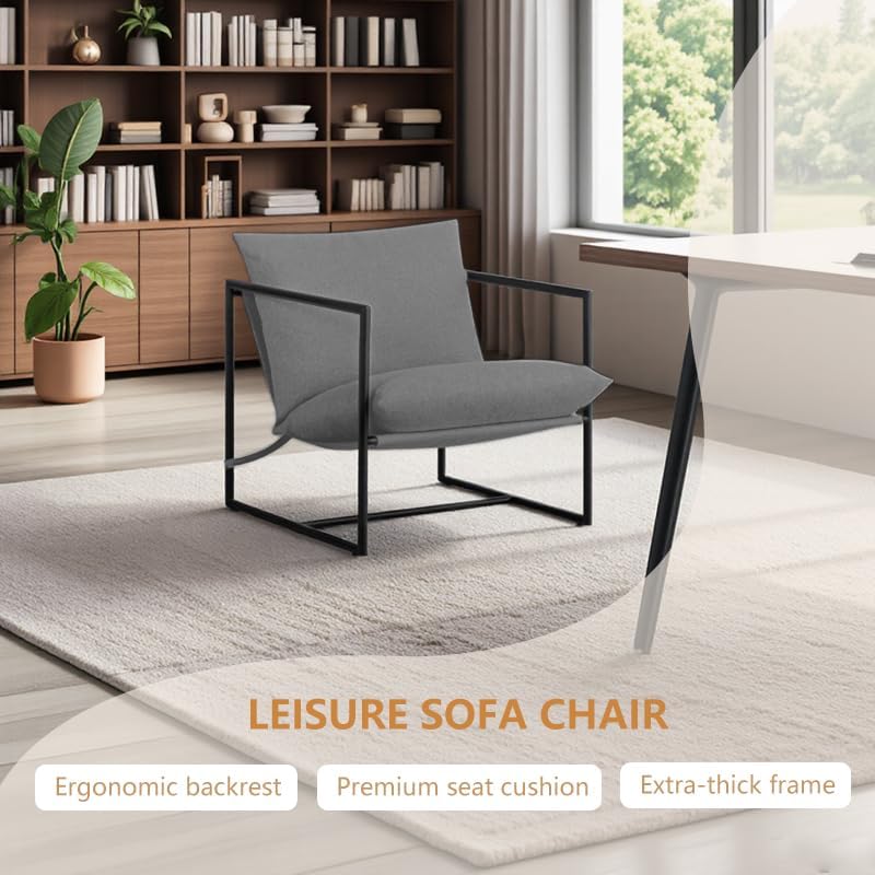 Mid Century Modern Decor Accent Chair,Indoor/Outdoor Comfy Lounge Chair with Cushion&Arm&Iron Frame,Reading Leisure Chair for Bedroom/Living Room,Grey