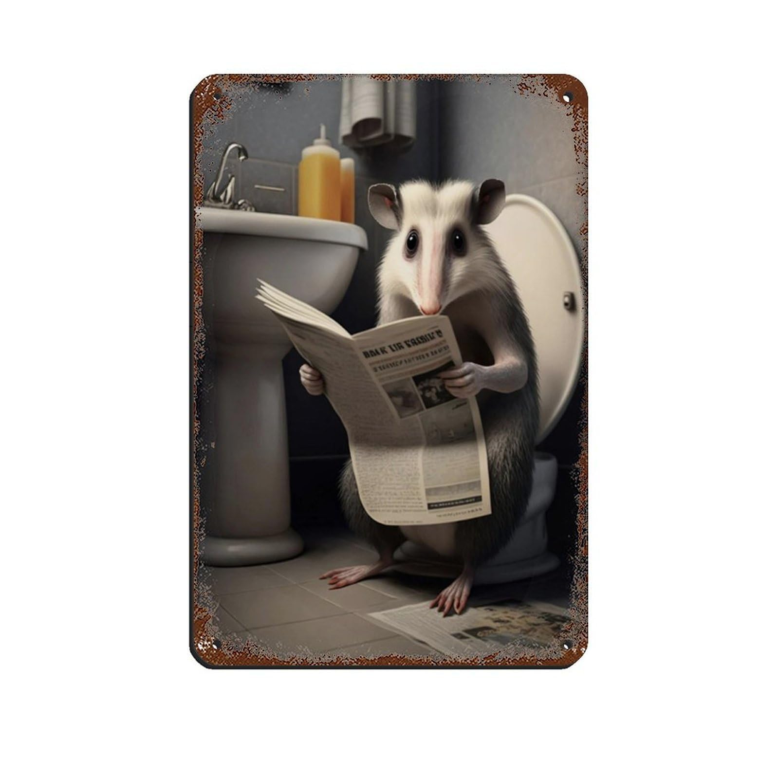 Lxwnze 20L X 30W Cm Opossum Sitting On The Toilet Reading A Newspaper Retro Poster Metal Tin Sign Chic Art Retro Iron Painting Bar People Cave Cafe Family Garage Poster Wall Decoration 8X12inch(20X30cm)