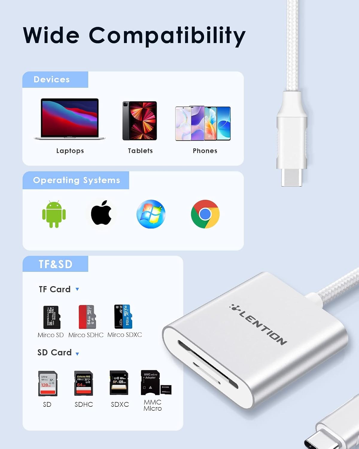 LENTION USB C to SD/Micro SD Card Reader, Type C SD 3.0 Card Adapter Compatible 2023-2016 MacBook Pro 13/15/16, New Mac Air/iPad Pro/Surface, Samsung S20/S10/S9/S8/Plus/Note, More (CB-C8, Silver)