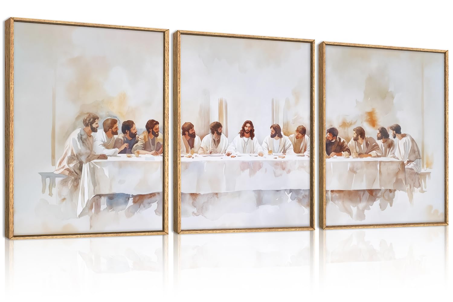 KAIRNE Jesus Last Supper Christian Framed Canvas Wall Art Set-12"x16"x3 | Christ Twelve Apostle Wall Decor,Neutral Religious Art Prints,Mid Century Artwork for Living Room,Bedroom,Dining Room,Church