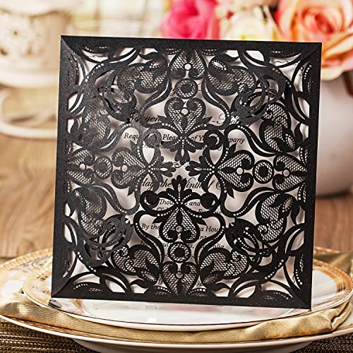 Hosmsua 50PCS Black Laser Cut Wedding Invitation Cards with Envelopes, 6.3" x 6.3" Inch Hollow Rose Invitations for Wedding Bridal Shower Engagement Invite by Hosmsua - Image 2