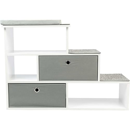 PetFusion Pet Step Window Perch Bookshelf w/ Storage Baskets 28” Tall Dog and Cat Perch, 8” Stair Height Multi-Functional Modern Furniture w/ Carpeted Step Pads & 1” Thick Premium Foam Pad