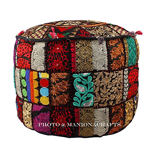 Maniona Crafts Indian Patchwork Pouf Cover Indian Living Room Pouf, Decorative Ottoman,Embroidered Designer Ottoman, Home Living Footstool Chair Cover, Bohemian Ottoman Pouf Decor 14x22 Inch.