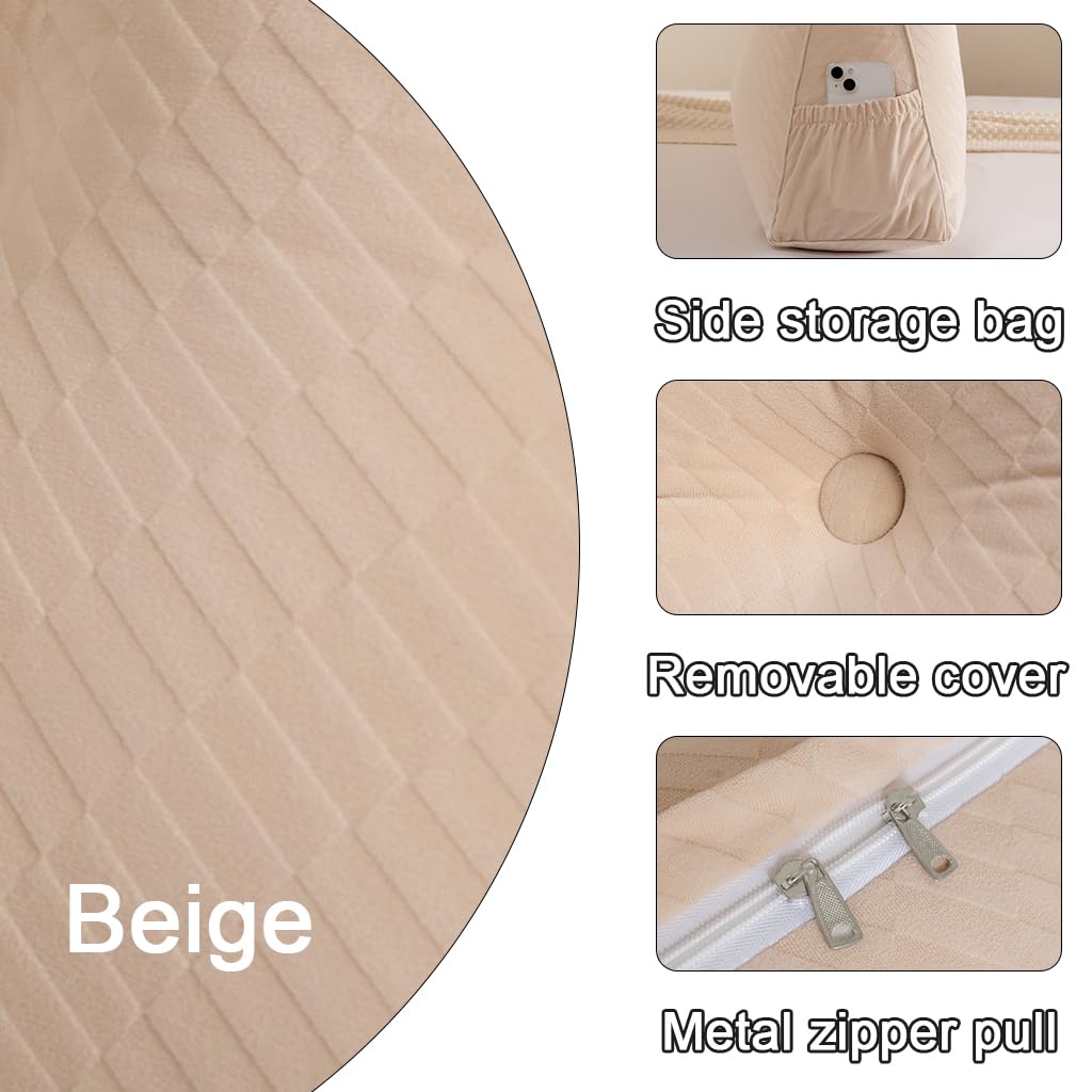 Velvet Headboard Wedge Coussin avec Roll Coussin,Couverture Amovible lit de Jour Oreiller de tête, Appui de positionnement du Dossier Oreiller Repos Lecture Relaxant (Beige, 60 * 50 * 20cm)