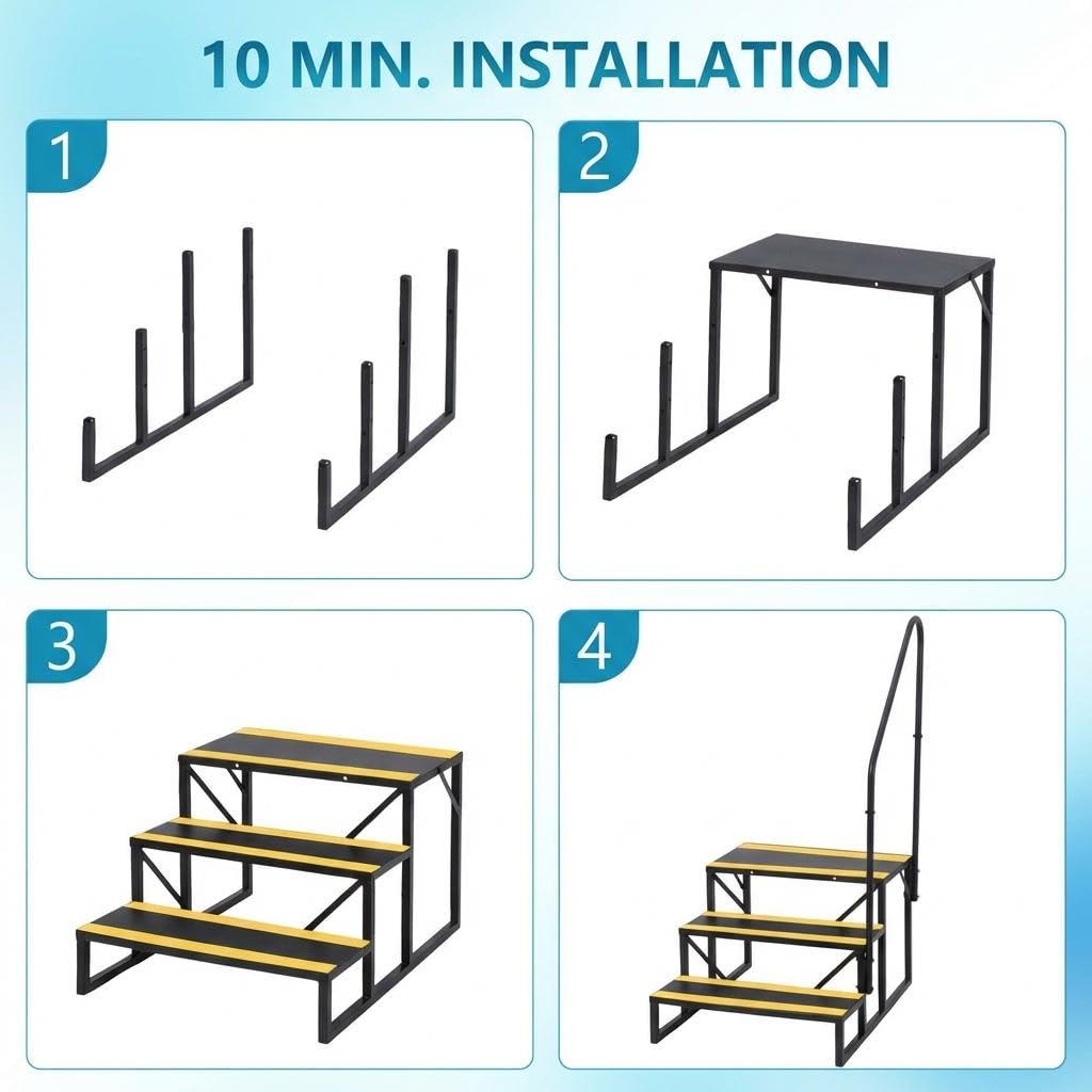 Garvee 3-stufige Wohnmobil-Treppe mit doppelseitigem Handlauf – rutschfeste Metallstufen, stabil und tragbar – Außentreppe für Wohnwagen, Camper, Pools – Belastbar, Schwarz-Gelb – 3 Stufen, doppelte