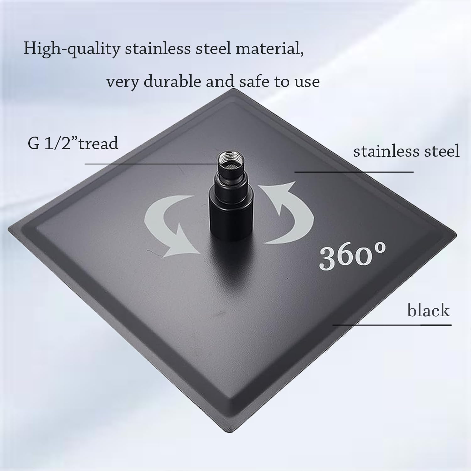 Soffione doccia a pioggia da 40,6 cm, ad alta pressione, quadrato, in acciaio inox, con ugello in silicone, copertura completa del corpo, ultra sottile, a risparmio idrico, nero
