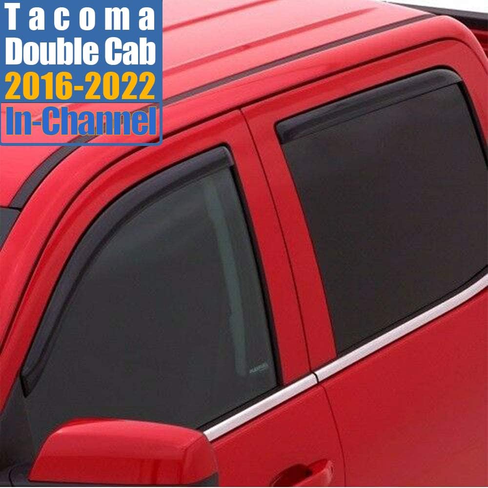 in-Channel Window Deflectors Compatible with 2016-2021 Tacoma Double Cab, Side Window Visors, Rain Guards, Vent Deflector, Dark Smoke Tinted, 4-Piece