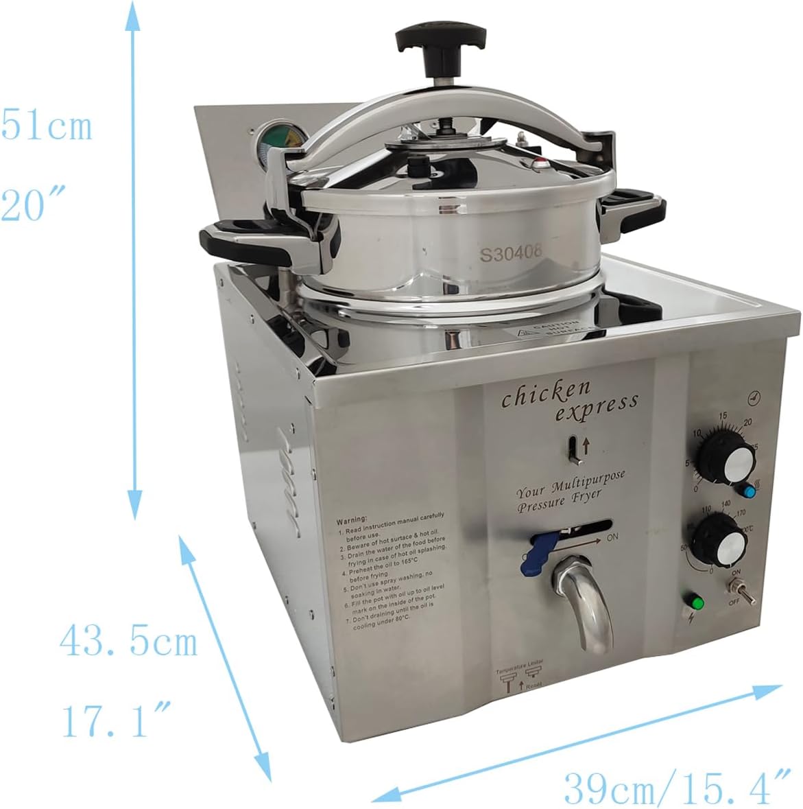 Electric Commercial Electric Chicken Fryer, High Pressure Fried Chicken Stove 3000W Stainless Steel 16L Deep Fryer Countertop Kitchen Frying Machine