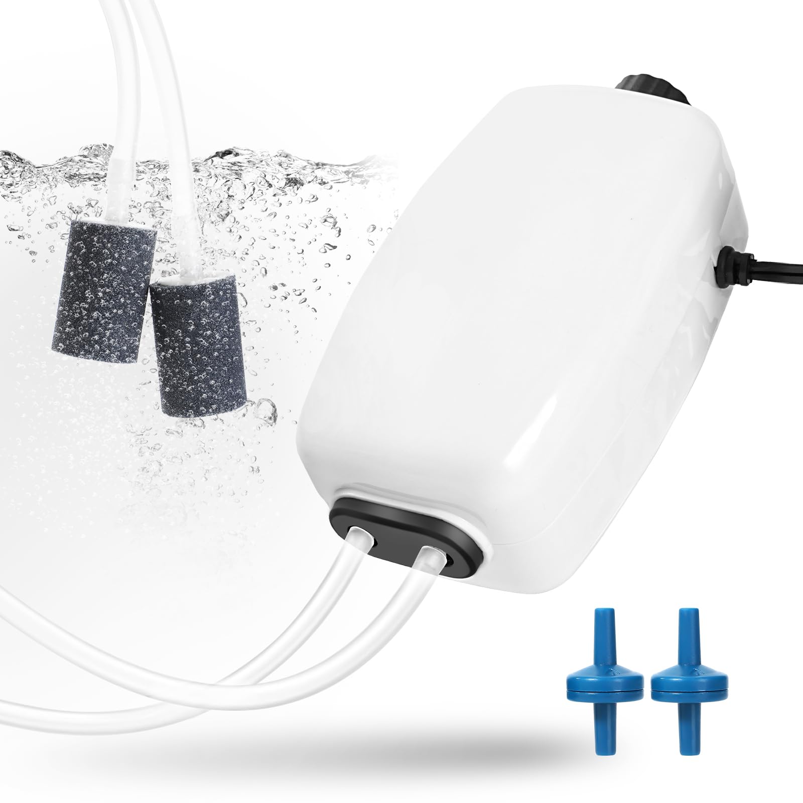 AQUANEAT Aquarium Air Pump, Fish Tank Air Bubbler, Adjustable Dual-Outlet Hydroponic Oxygen Aerator with Air Stones, Airline Tubing, Check Valves