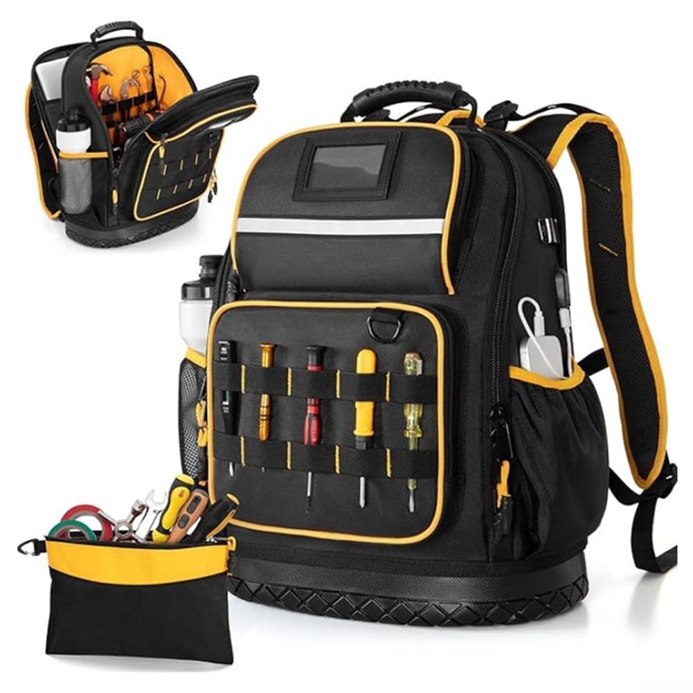 Mochila de herramientas de tela Oxford con parte inferior dura para uso profesional con múltiples bolsillos y funda para laptop para transporte seguro del dispositivo y transporte cómodo con correas