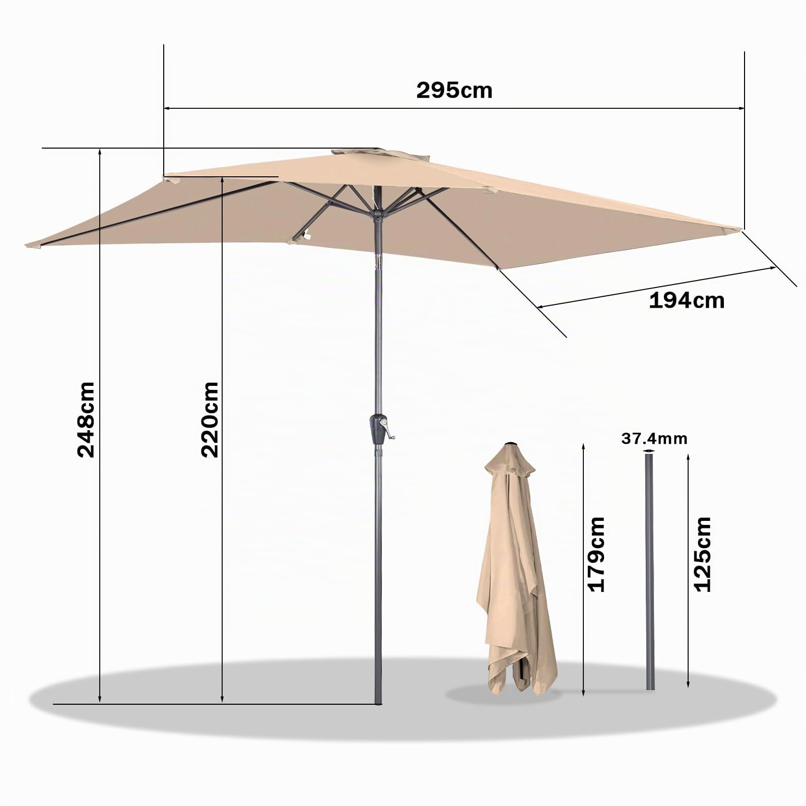 Angel Living 2x3M Sombrilla Parasol de Acero y Poliéster, Parasol Inclinado con Manivela, Mástil Acero 38mm (Beige)