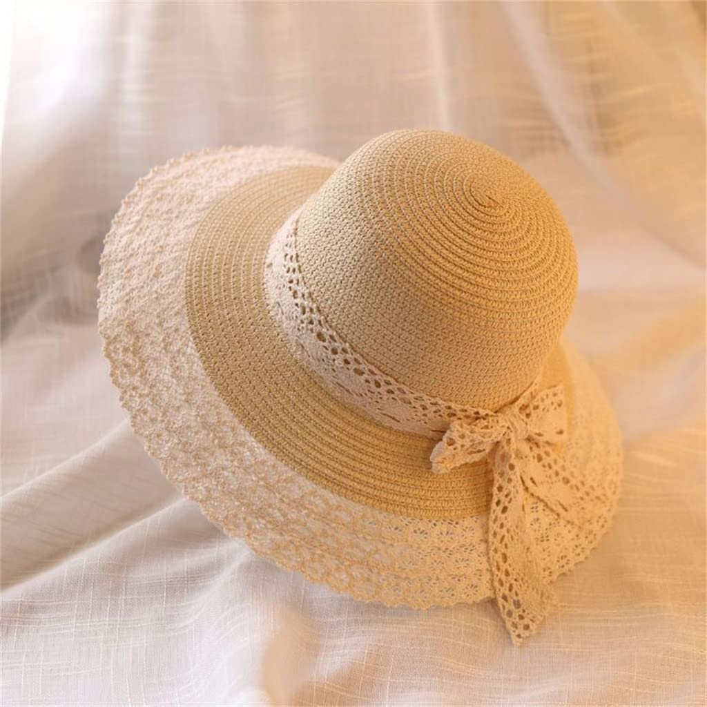 YXWYXWA Cut-Out Lace Bow Seaside Holiday Fisherman Hat Women's Outdoor Straw Hat Sun Visor Hat Summer