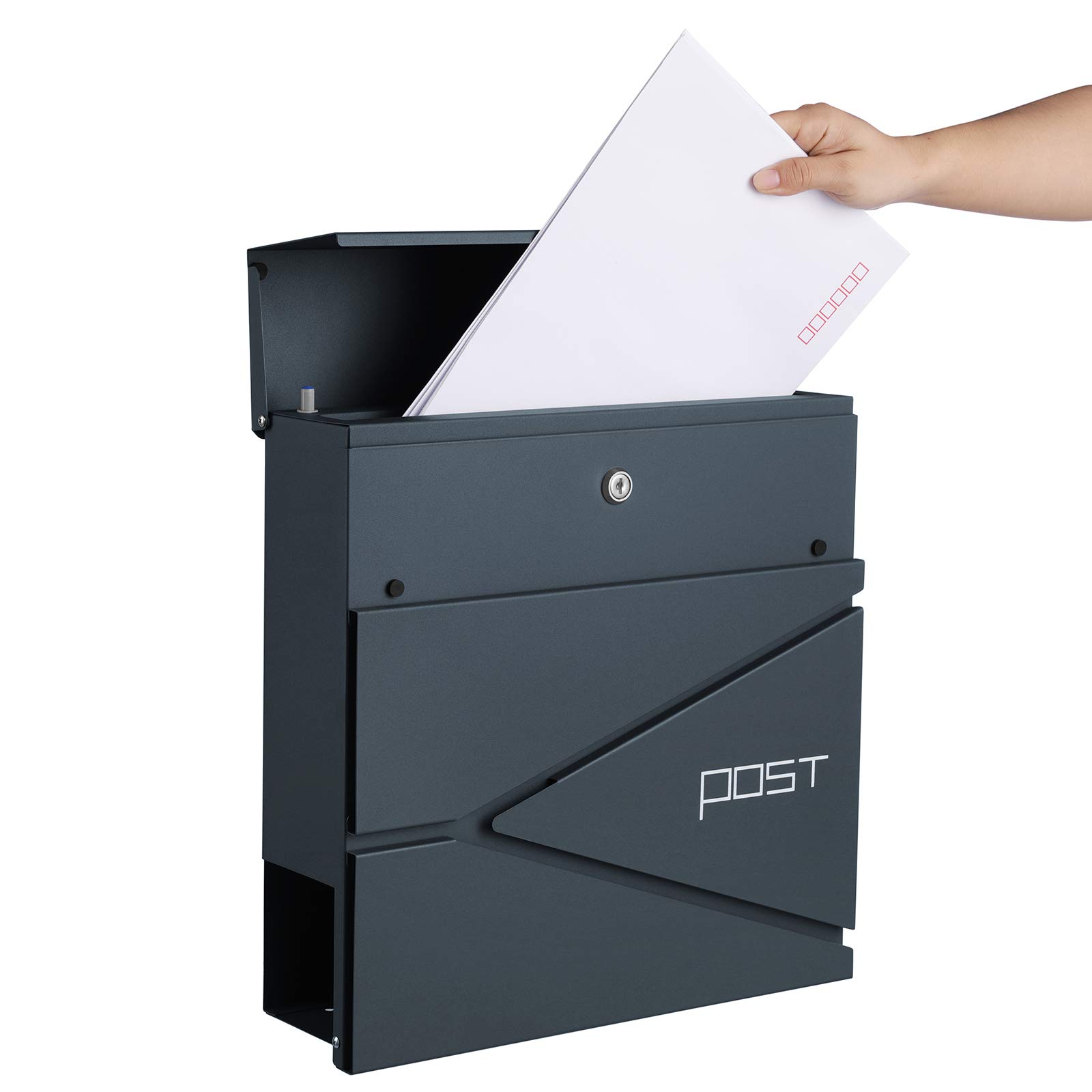 SONGMICS XXL Briefkasten, abschließbarer Wandbriefkasten, mit Zeitungsfach, einfache Montage, modern, anthrazit GMB051G02